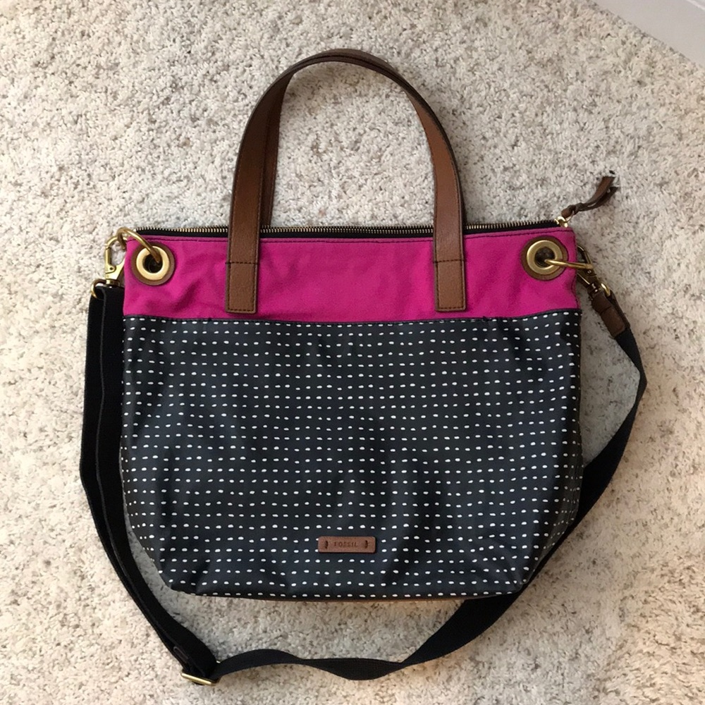 Fossil Pink and Black Polka Dot Tote with Brown Handles